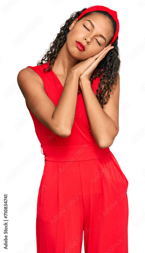 Young african american girl wearing elegant and sexy look sleeping tired dreaming and posing with hands together while smiling with closed eyes. Young african american girl wearing elegant and sexy look sleeping tired dreaming and posing with hands together while smiling with closed eyes.
