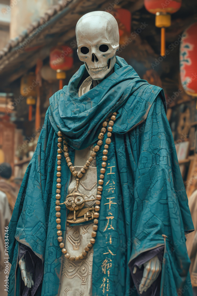 Fototapeta premium A Vietnamese monk robot Nirmata immersed in a vibrant fusion of cultures. The background is the bustling cityscape of Tokyo, showcasing neon lights and a mix of traditional and modern architecture.