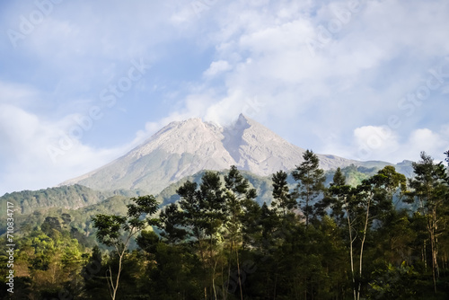 Close up photo of Merapi Volcano crater with volcanic smoke. Cracked Merapi Mountain in Cangkringan, Sleman, Yogyakarta, Indonesia. Concept for geology and natural disaster.