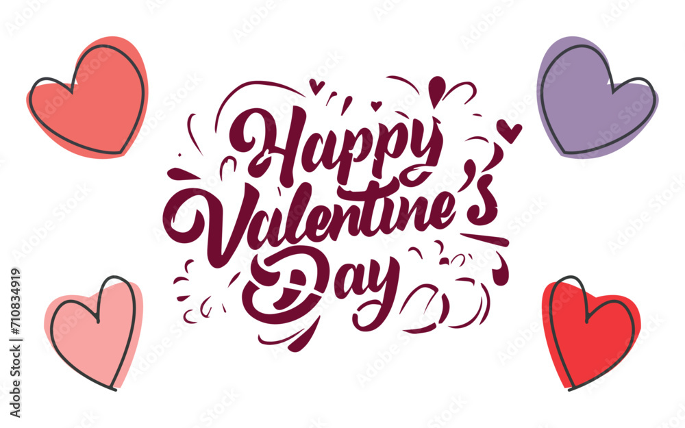 Happy Valentines Day card, typography, background with hearts. Valentines day greeting card. Hand lettering with pink hearts. Vector illustration.