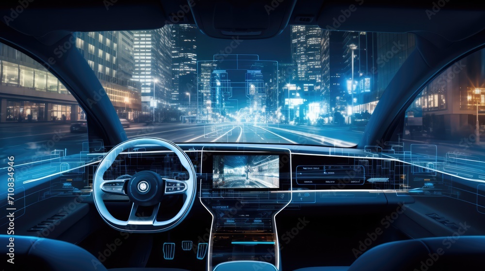 Futuristic autonomous self-driving car navigating the city Futuristic autonomous self-driving car navigating the city