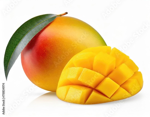 Mango fruit with mango cubes and leaves isolated on a white background Organic food