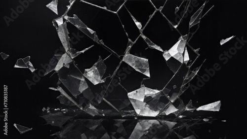 cracked glass on black background, smashed glass texture, shards of broken glass on black