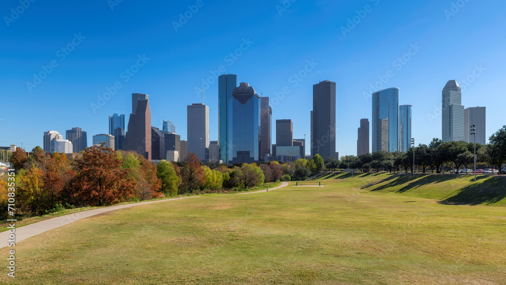 Houston skyline at sunny autumn day, panoramic view in Houston, Texas, USA