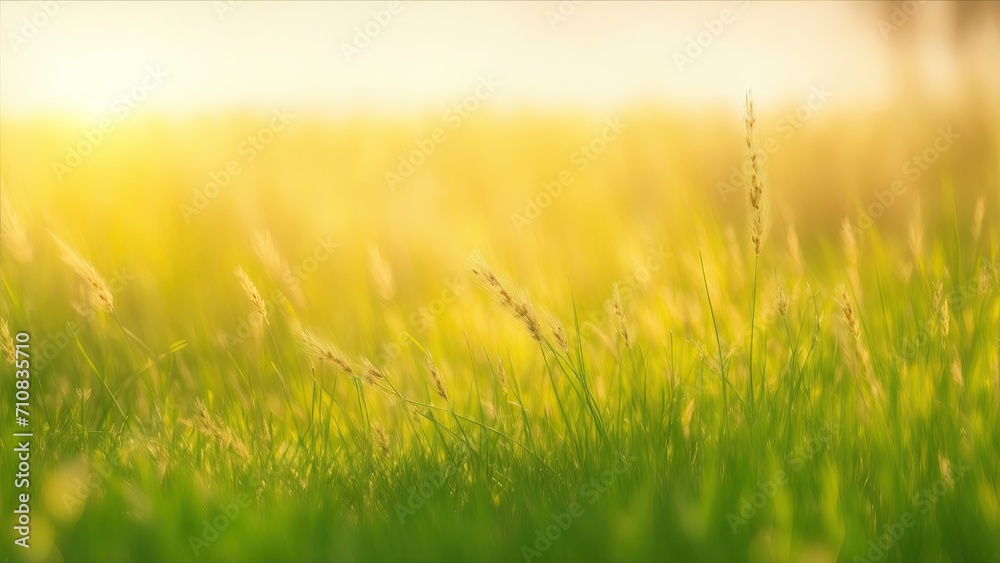 Grass in the forest at sunset. Abstract summer nature background