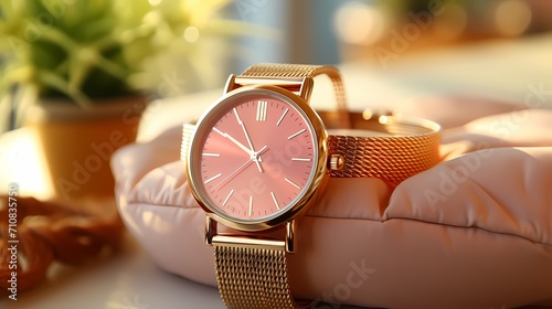 A classic gold watch with a mesh bracelet laid on a peach-colored surface