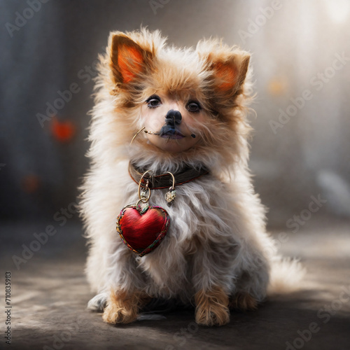 A photo of a sitting fluffy red-and-white puppy with a read heart on his collar