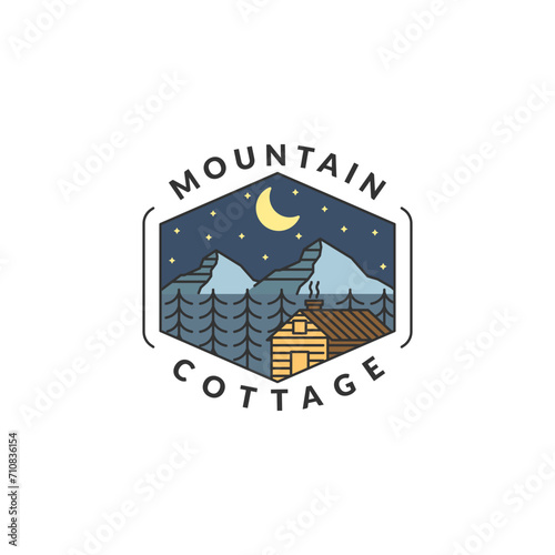Mountain night and cottage badge vector illustration with monoline or line art style