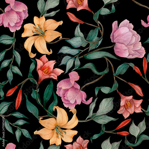 Padrão de estampa floral colorido em aquarela com fundo preto
