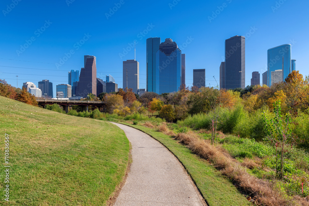 Alley in Houston downtown at sunny autumn day in Eleanor Tinsley Park, Houston, Texas, USA