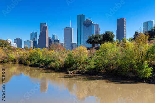 Houston skyline at sunny autumn day in Buffalo Bayou Park, Houston, Texas, USA