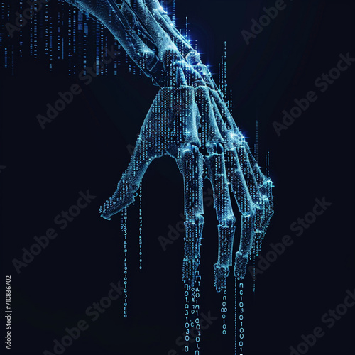 A digital, 3D model of a skeletal hand composed of binary code in blue color against a dark background. It is reaching from the left to the right of the image and grasping at an empty space