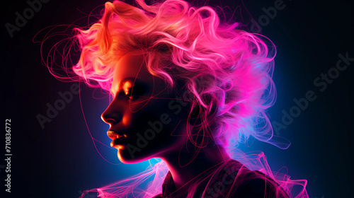 Neon Fictional AI generated Woman Art Glow Realistic Photography Black Background 4k 