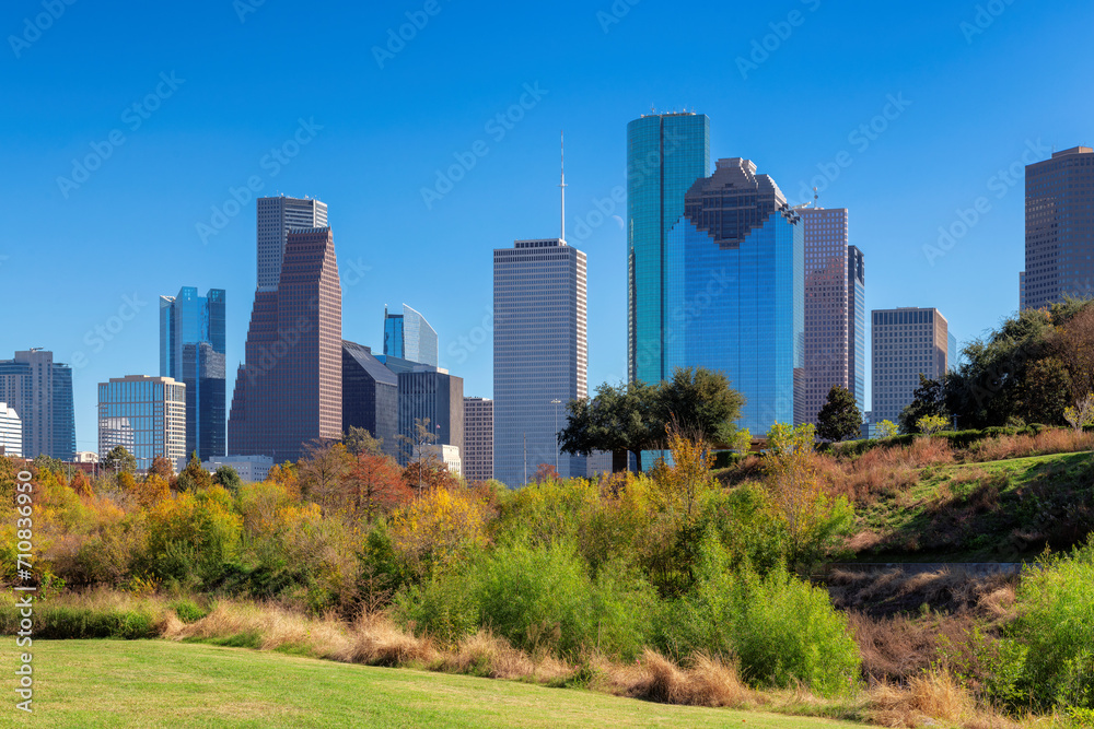 Houston downtown at sunny autumn day in Eleanor Tinsley Park, Houston, Texas, USA