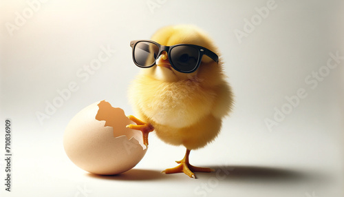 A cool chicken in sunglasses posing with a broken egg. Easter holiday concept. photo