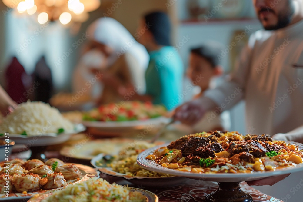 Closeup of al-fitr meals, on background arabian people at home