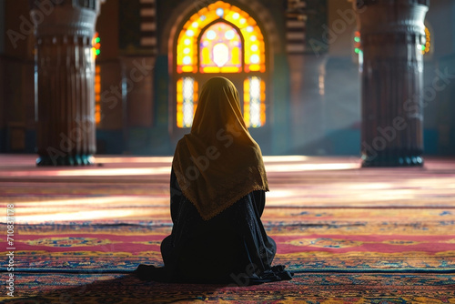 Muslim woman praying in mosque. Sunlight rays and haze through the window