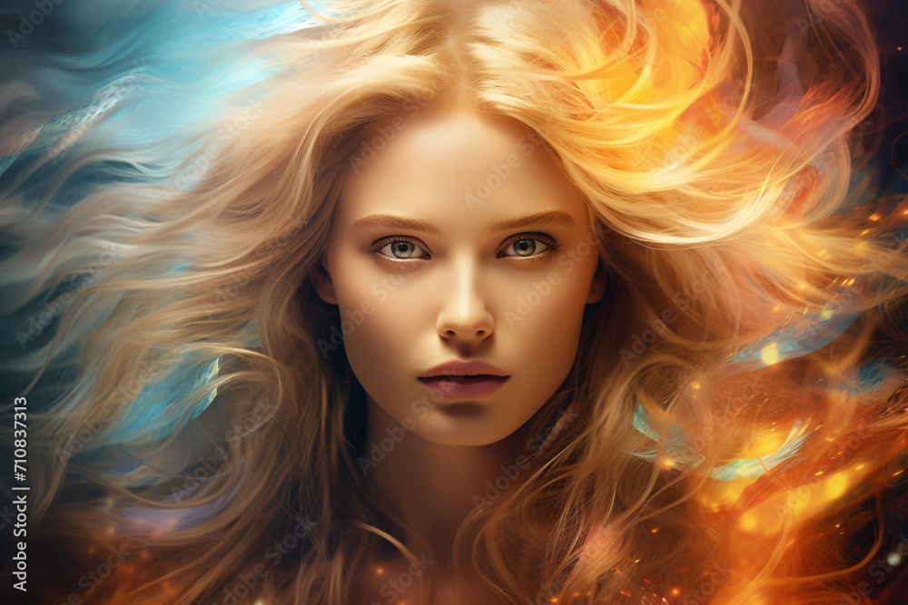 Blond young woman portrait with digital holografic effect
