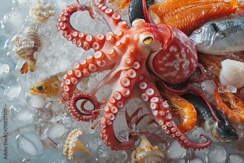 Fresh raw octopus on ice with fish and sea food