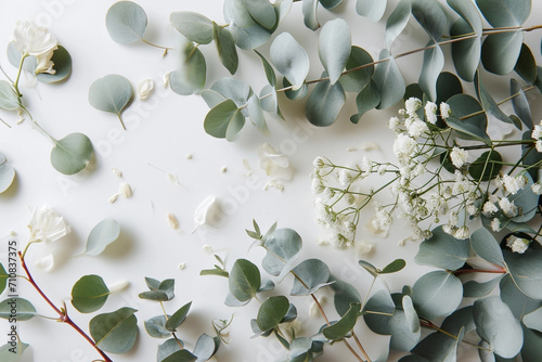 Frame of green eucalyptus brunches on white background photo