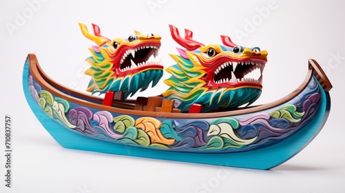 a pair of vibrant dragon boats, their ornate designs and colorful paddles creating a dynamic and energetic display against the simplicity of a pristine white background.