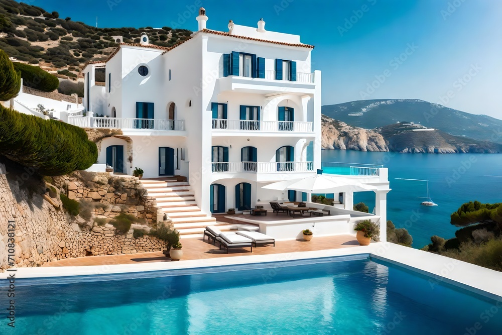Fototapeta premium Luxury hotel and restaurant on the mountain with sea view and swimming pool.