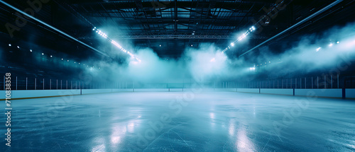 Blue Ice Rink Background. Professional Arena illuminated neon lights, spotlights with smoke. Copyspace. Winter poster for hockey competitions. Ice skating. Stadium. Generative ai  © Inai