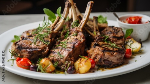 a platter of roasted lamb chops, their flavorful crust and tender meat creating an enticing display against the simplicity of a clean and inviting white canvas.