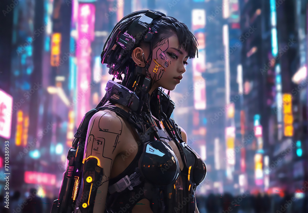 Cystopian cyberpunk digital art scene set in a futuristic Tokyo cityscape populated with humanoid androids. Feature prominent neon lighting, holograms, and high-tech elements portraye Cystopian cyberpunk digital art scene set in a futuristic Tokyo cityscape populated with humanoid androids. Feature prominent neon lighting, holograms, and high-tech elements portraye