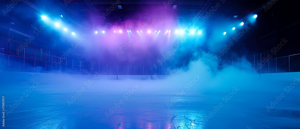 Purple Ice Rink Background. Professional Arena illuminated neon lights, spotlights with smoke. Copyspace. Winter poster for hockey competitions. Ice skating. Stadium. Generative ai	
