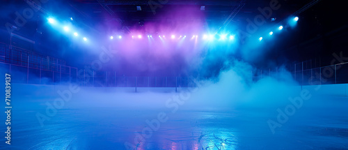 Purple Ice Rink Background. Professional Arena illuminated neon lights  spotlights with smoke. Copyspace. Winter poster for hockey competitions. Ice skating. Stadium. Generative ai 
