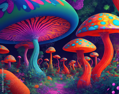 A world of vibrant magic mushrooms and swirling patterns of a psychedelic background featuring a hippie vibe. Trippy visuals of a psychedelic landscape. 