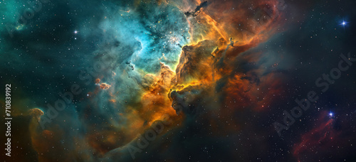 Vibrant cosmic nebula with interstellar clouds. Space exploration and astronomy. © Postproduction