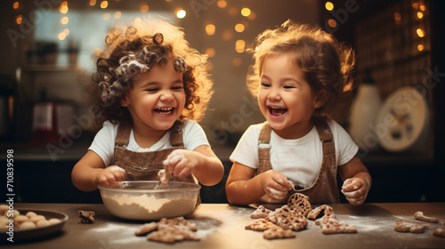 two happy children are making cookies in the kitchen. little cooks