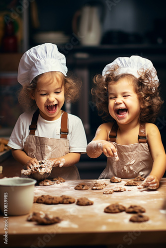 two happy children are making cookies in the kitchen. little cooks
