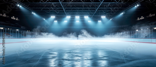 Blue Ice Rink Background. Professional Arena illuminated neon lights, spotlights with smoke. Copyspace. Winter poster for hockey competitions. Ice skating. Stadium. Generative ai 