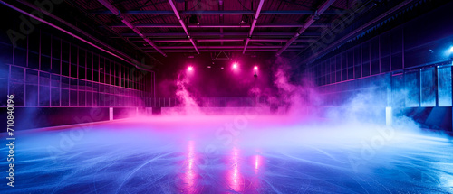 Purple Ice Rink Background. Professional Arena illuminated neon lights, spotlights with smoke. Copyspace. Winter poster for hockey competitions. Ice skating. Stadium. Generative ai 