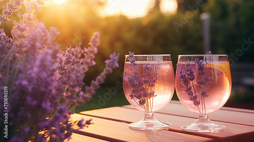 Two glasses of lemonade and lavender flowers in a lavender field