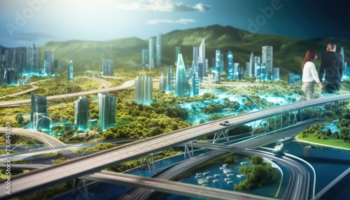 Human touching a advanced technology based on hologram light with greenery city, eco-friendly city on a city background with hologram network icons for energy source research, renewable energy concept