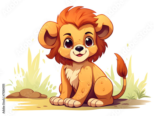 Illustration of a cute baby lion sitting on ground, white background 