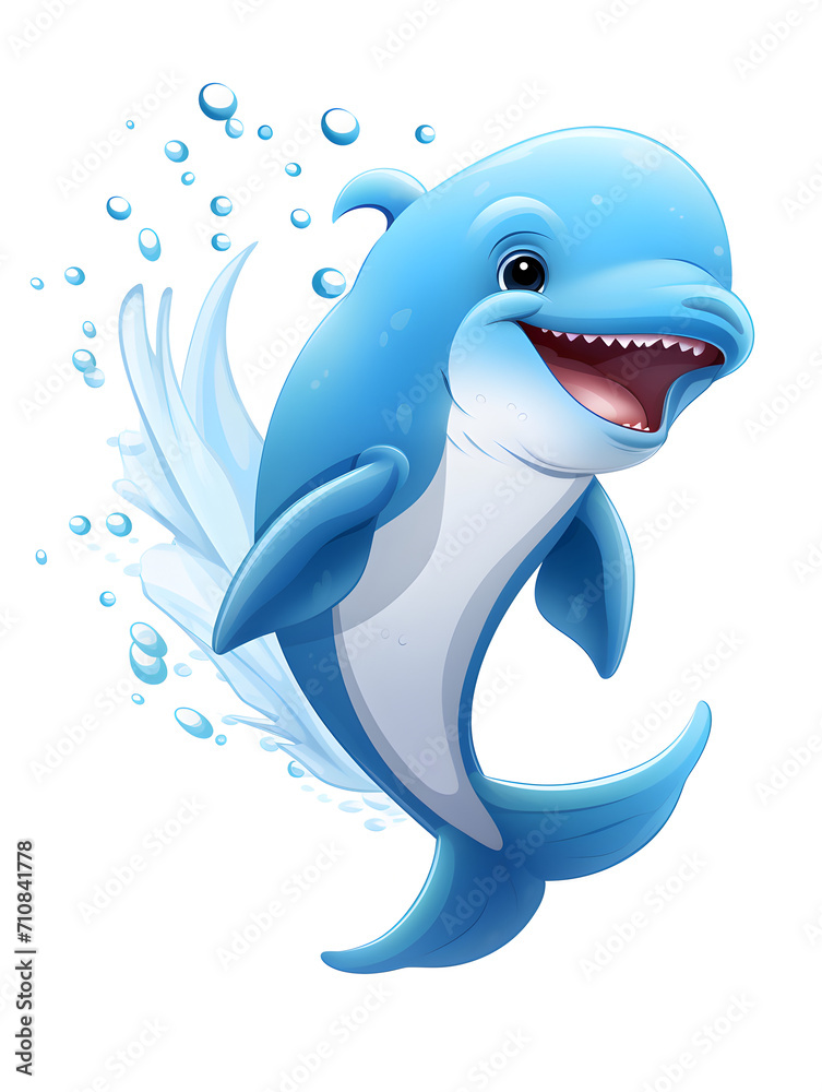 Obraz premium Illustration of a blue and cute dolphin on white background 