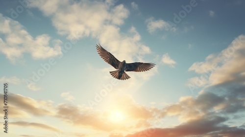 a sharp and clear photograph of a bird gracefully soaring across the wide  open sky.