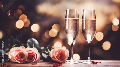 Two glasses of champagne and flowers Valentine s day concept
