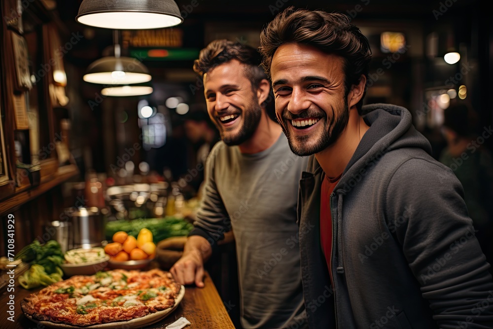 Smiling client chooses gluten -free pizza in cozy pizzeria., generative IA