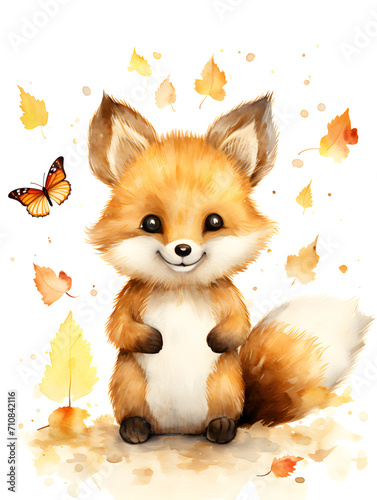 Watercolor illustration of a cute little fox on white background