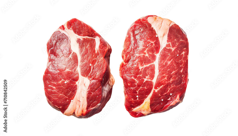Two raw beef steaks isolated on transparent background. Top view. Two raw beef steaks isolated on transparent background. Top view.