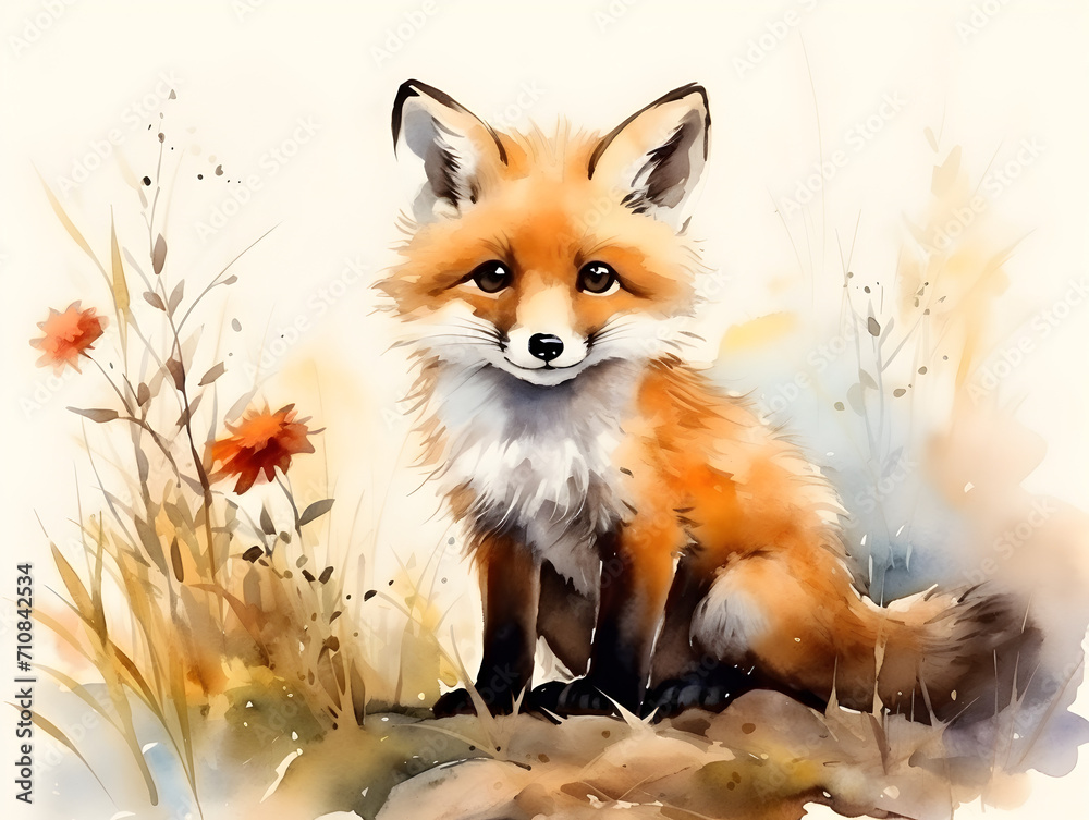Watercolor illustration of a cute fox on abstract background Watercolor illustration of a cute fox on abstract background