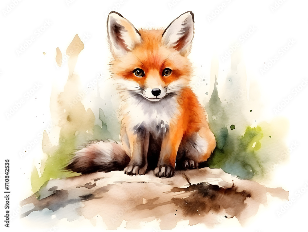 Watercolor illustration of a cute fox on abstract background Watercolor illustration of a cute fox on abstract background
