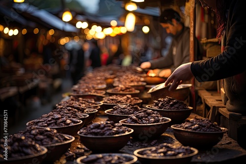 Local market displays artisanal chocolate tent.  generative IA