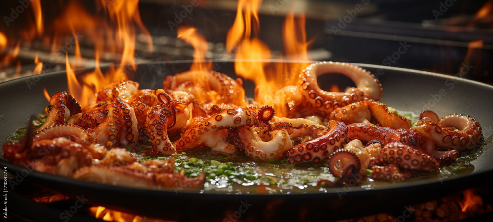 The octopus is cooked in the fire in a frying pan, generative AI